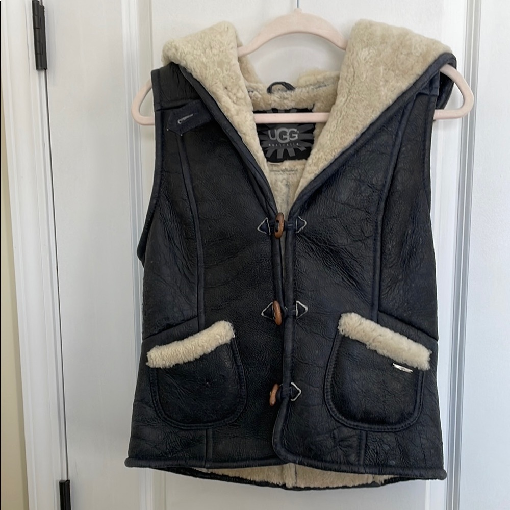 UGG Black Shearling Vest with Cream Accents
